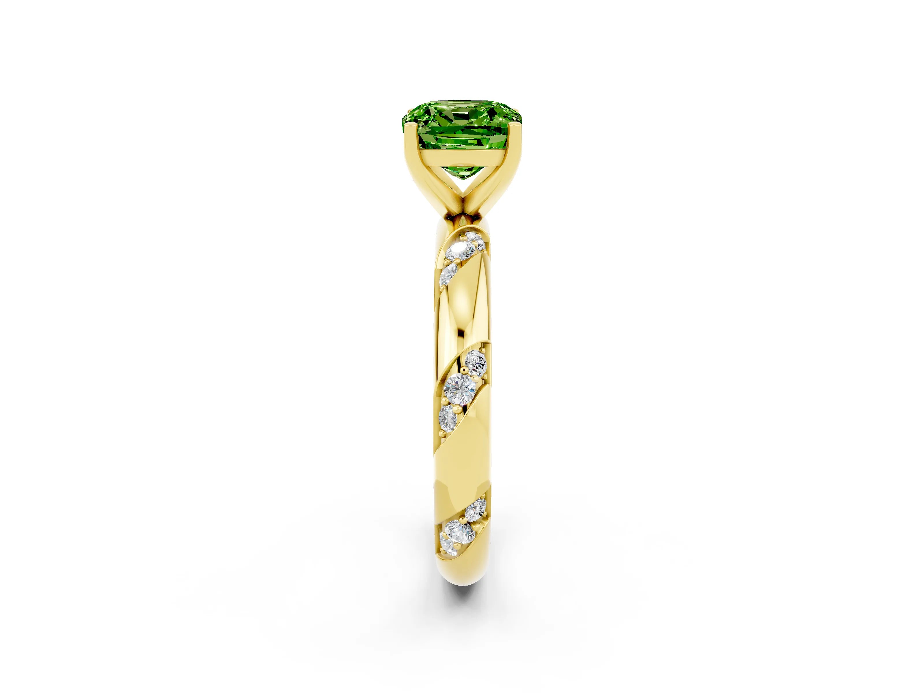 Yellow gold Cushion Cut Solitaire Diamond Engagement Ring with Twisted Pave Band and Four-Prong Setting_2
