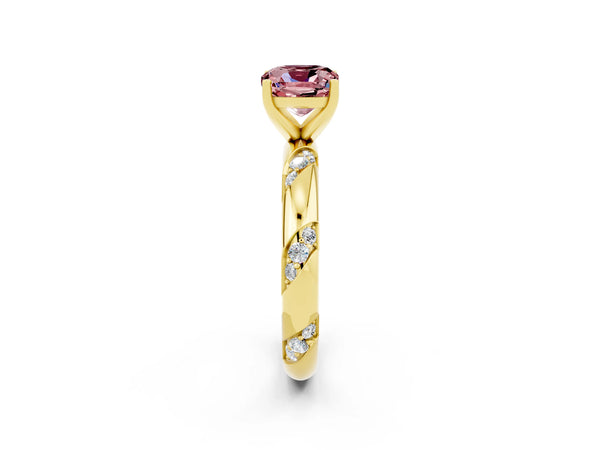 Yellow gold Cushion Cut Solitaire Diamond Engagement Ring with Twisted Pave Band and Four-Prong Setting