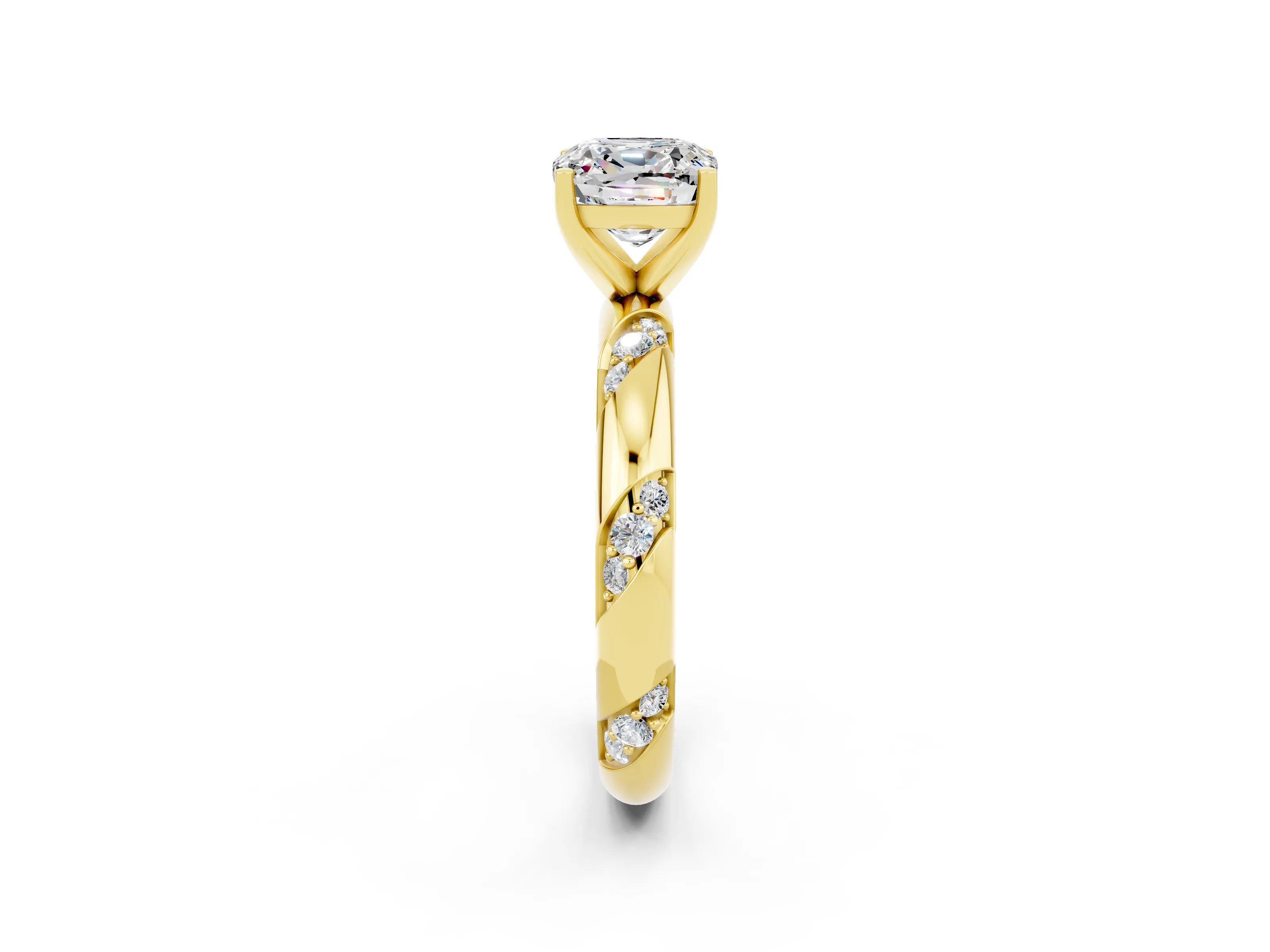 Yellow gold Cushion Cut Solitaire Diamond Engagement Ring with Twisted Pave Band and Four-Prong Setting_2
