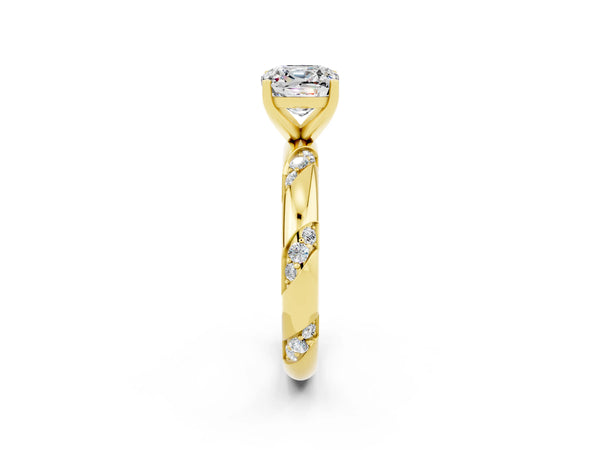 Yellow gold Cushion Cut Moissanite Solitaire Engagement Ring with Twisted Round  Accent Band and Prong Setting