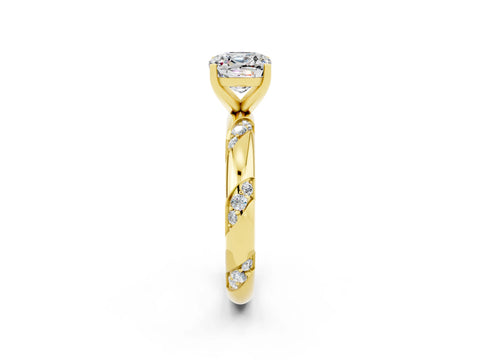 Yellow gold Cushion Cut Solitaire Diamond Engagement Ring with Twisted Pave Band and Four-Prong Setting_2