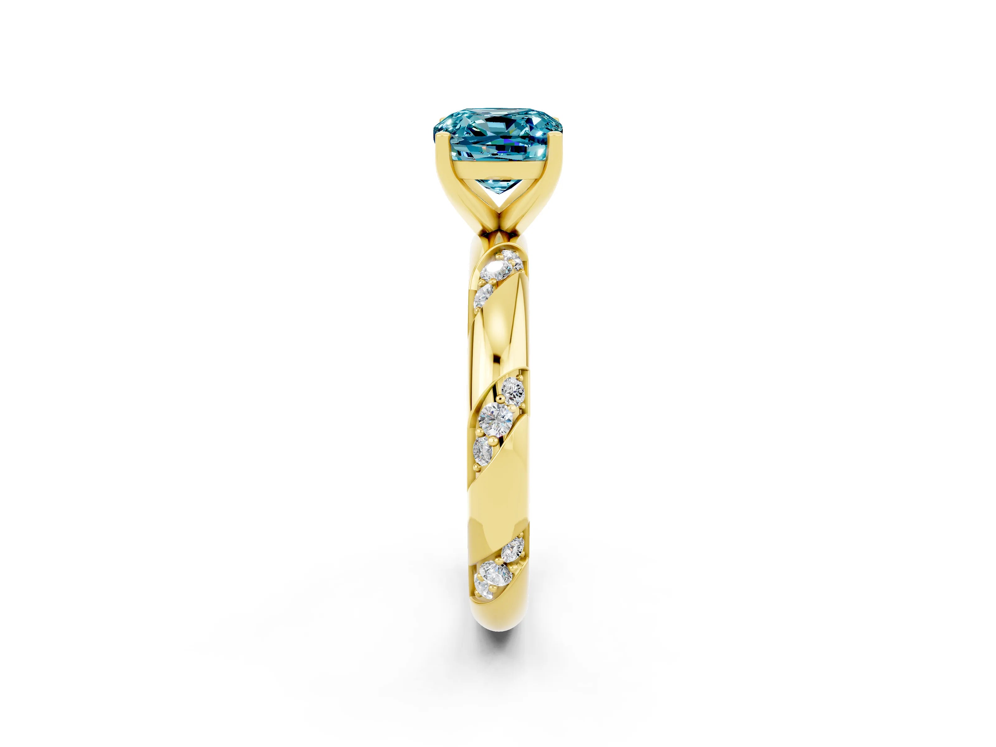 Yellow gold Cushion Cut Solitaire Diamond Engagement Ring with Twisted Pave Band and Four-Prong Setting_2