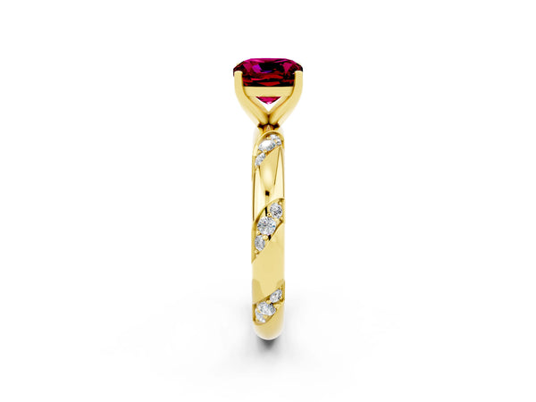 Yellow gold Cushion Cut Garnet Solitaire Engagement Ring with Twisted Round  Accent Band and Prong Setting