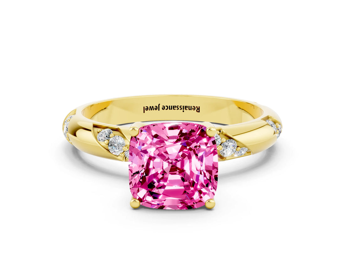 Yellow gold Cushion Cut Solitaire Diamond Engagement Ring with Twisted Pave Band and Four-Prong Setting