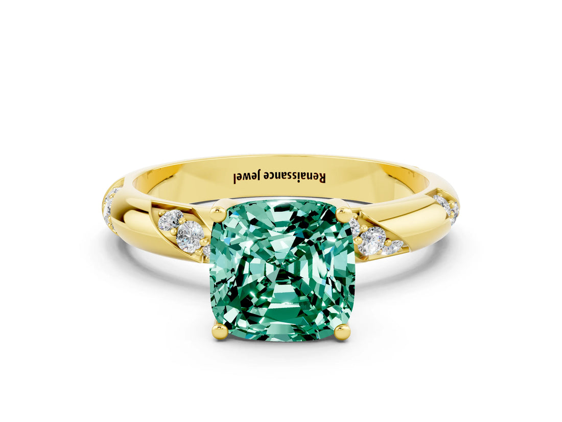Yellow gold Cushion Cut Solitaire Diamond Engagement Ring with Twisted Pave Band and Four-Prong Setting