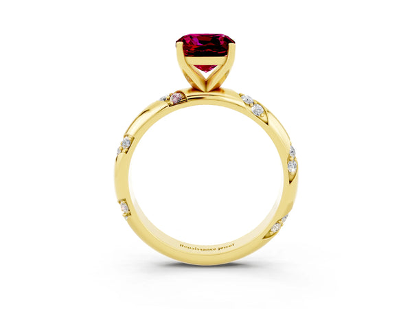 Yellow gold Cushion Cut Garnet Solitaire Engagement Ring with Twisted Round  Accent Band and Prong Setting