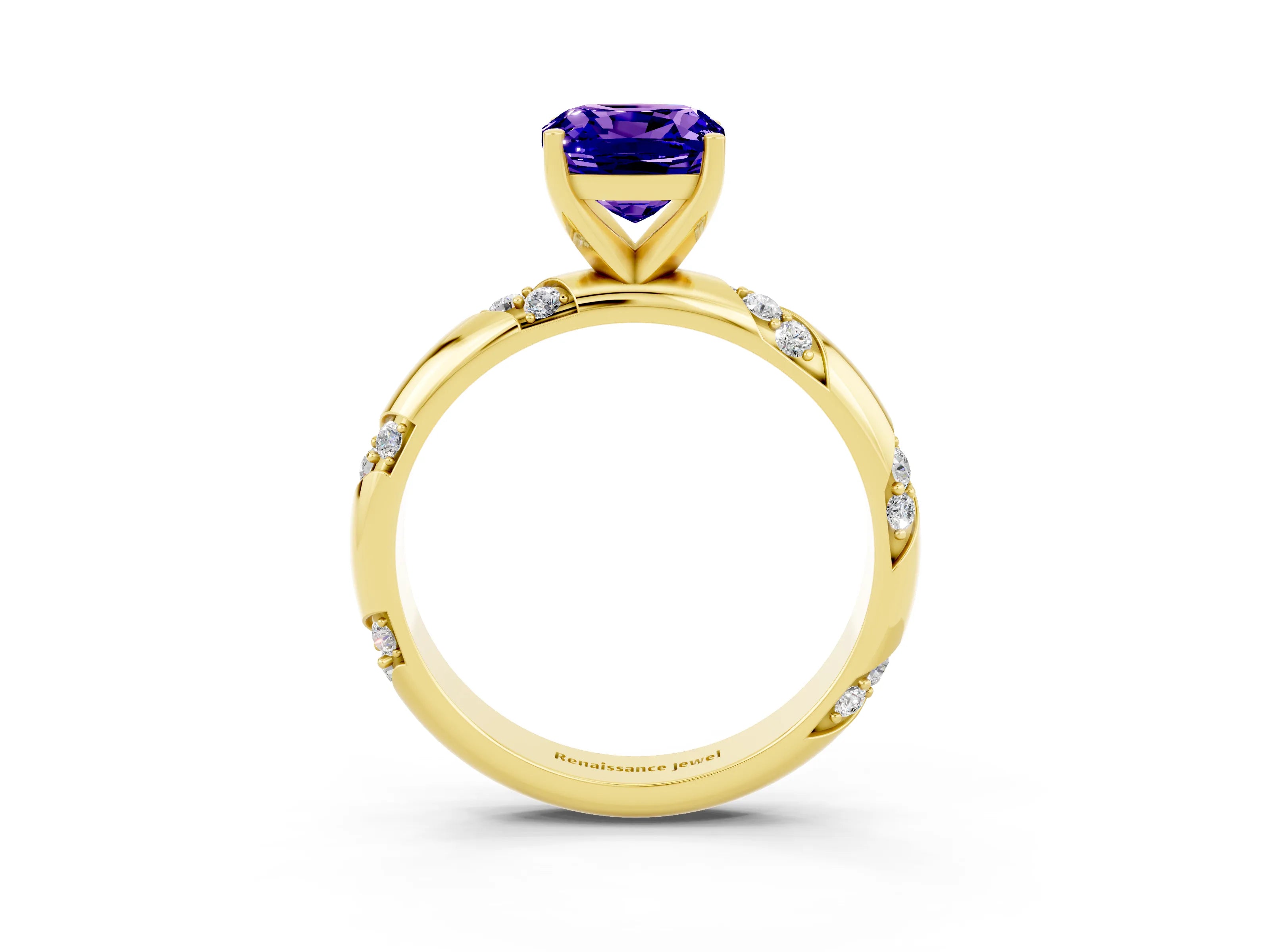 Yellow gold Cushion Cut Solitaire Diamond Engagement Ring with Twisted Pave Band and Four-Prong Setting_3