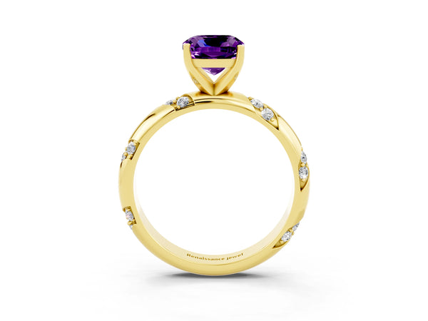 Yellow gold Cushion Cut Amethyst Solitaire Engagement Ring with Twisted Round  Accent Band and Prong Setting