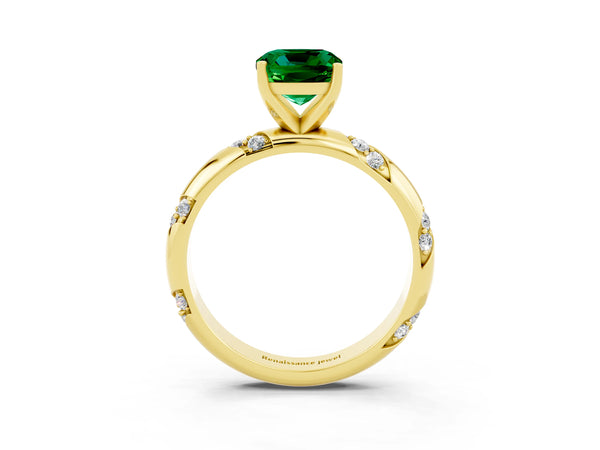 Yellow gold Cushion Cut Emerald Solitaire Engagement Ring with Twisted Round  Accent Band and Prong Setting