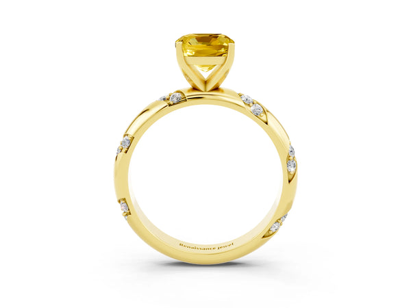 Yellow gold Cushion Cut Yellow Sapphire Solitaire Engagement Ring with Twisted Round  Accent Band and Prong Setting