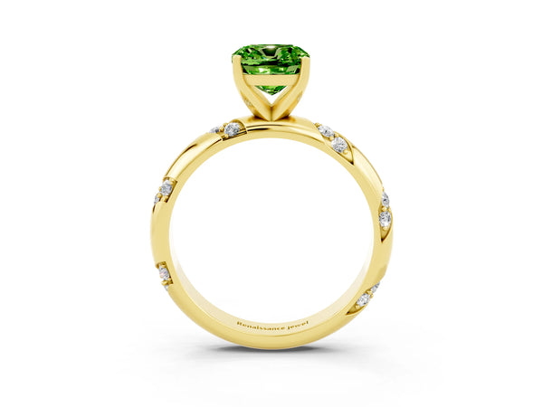 Yellow gold Cushion Cut Solitaire Diamond Engagement Ring with Twisted Pave Band and Four-Prong Setting