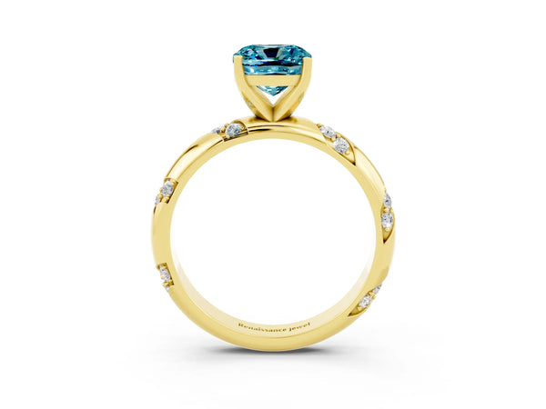 Yellow gold Cushion Cut Solitaire Diamond Engagement Ring with Twisted Pave Band and Four-Prong Setting