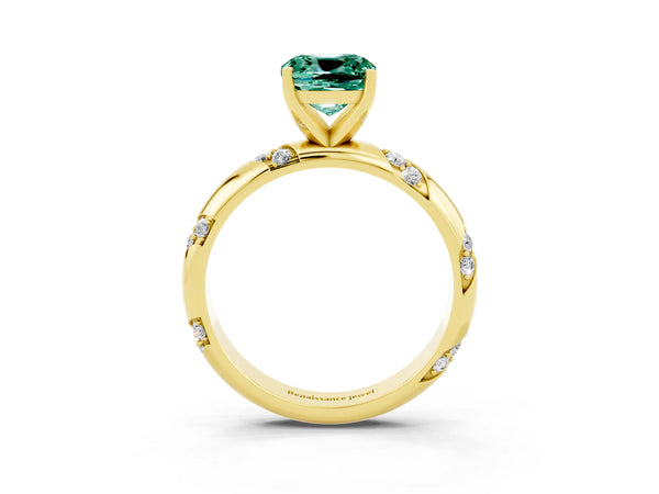 Yellow gold Cushion Cut Green Sapphire Solitaire Engagement Ring with Twisted Round  Accent Band and Prong Setting