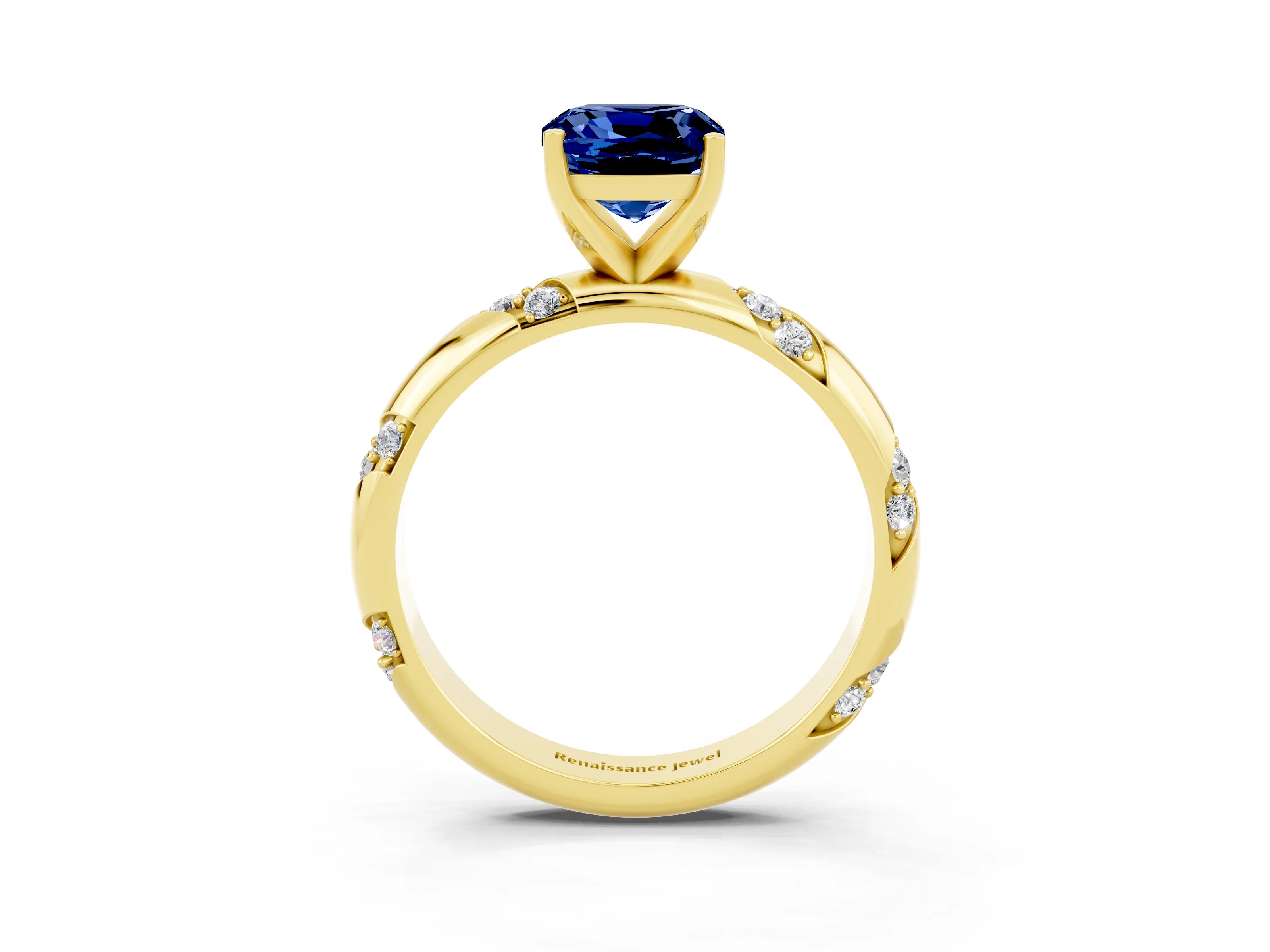 Yellow gold Cushion Cut Solitaire Diamond Engagement Ring with Twisted Pave Band and Four-Prong Setting_3