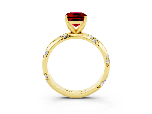 Yellow gold Cushion Cut Ruby Solitaire Engagement Ring with Twisted Round  Accent Band and Prong Setting