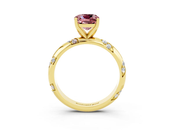Yellow gold Cushion Cut Solitaire Diamond Engagement Ring with Twisted Pave Band and Four-Prong Setting