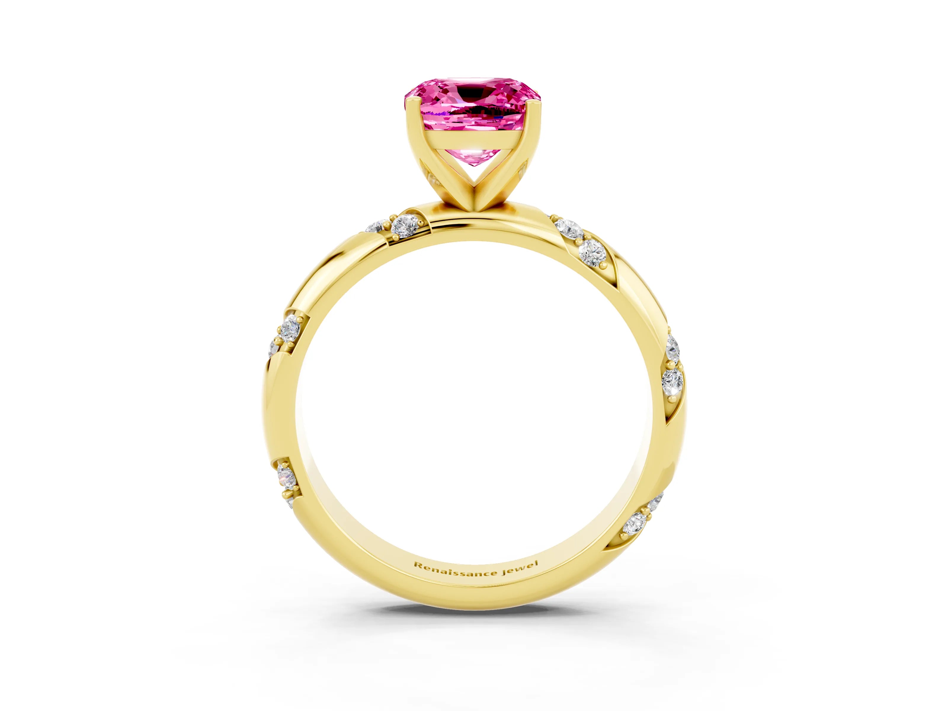 Yellow gold Cushion Cut Solitaire Diamond Engagement Ring with Twisted Pave Band and Four-Prong Setting_3