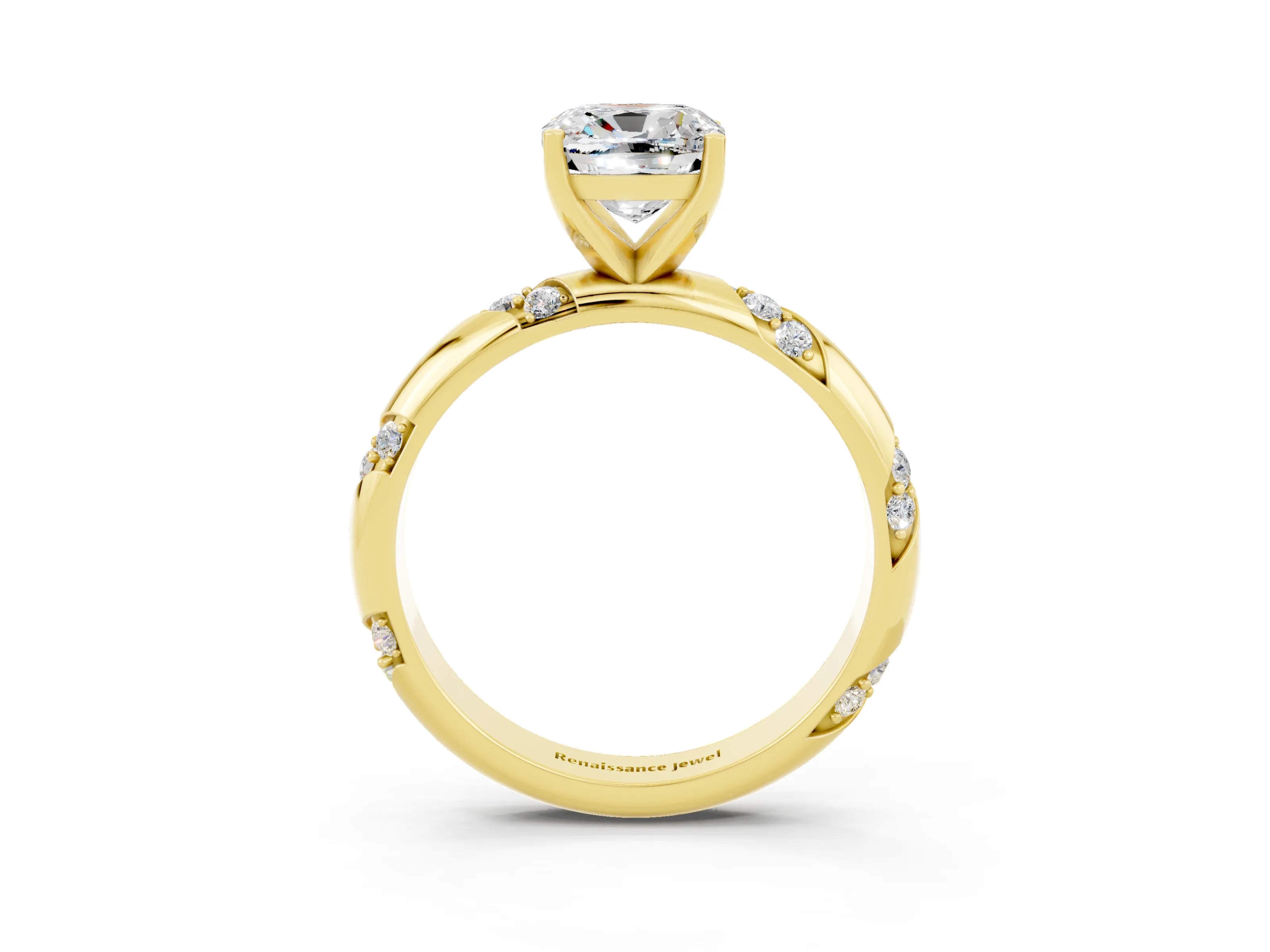 Yellow gold Cushion Cut Solitaire Diamond Engagement Ring with Twisted Pave Band and Four-Prong Setting_3