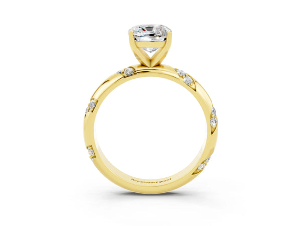 Yellow gold Cushion Cut Moissanite Solitaire Engagement Ring with Twisted Round  Accent Band and Prong Setting