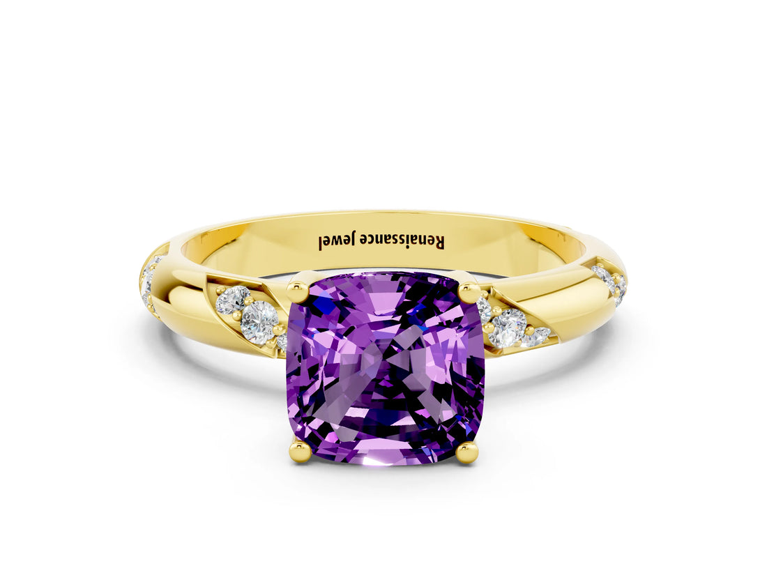 Yellow gold Cushion Cut Solitaire Diamond Engagement Ring with Twisted Pave Band and Four-Prong Setting