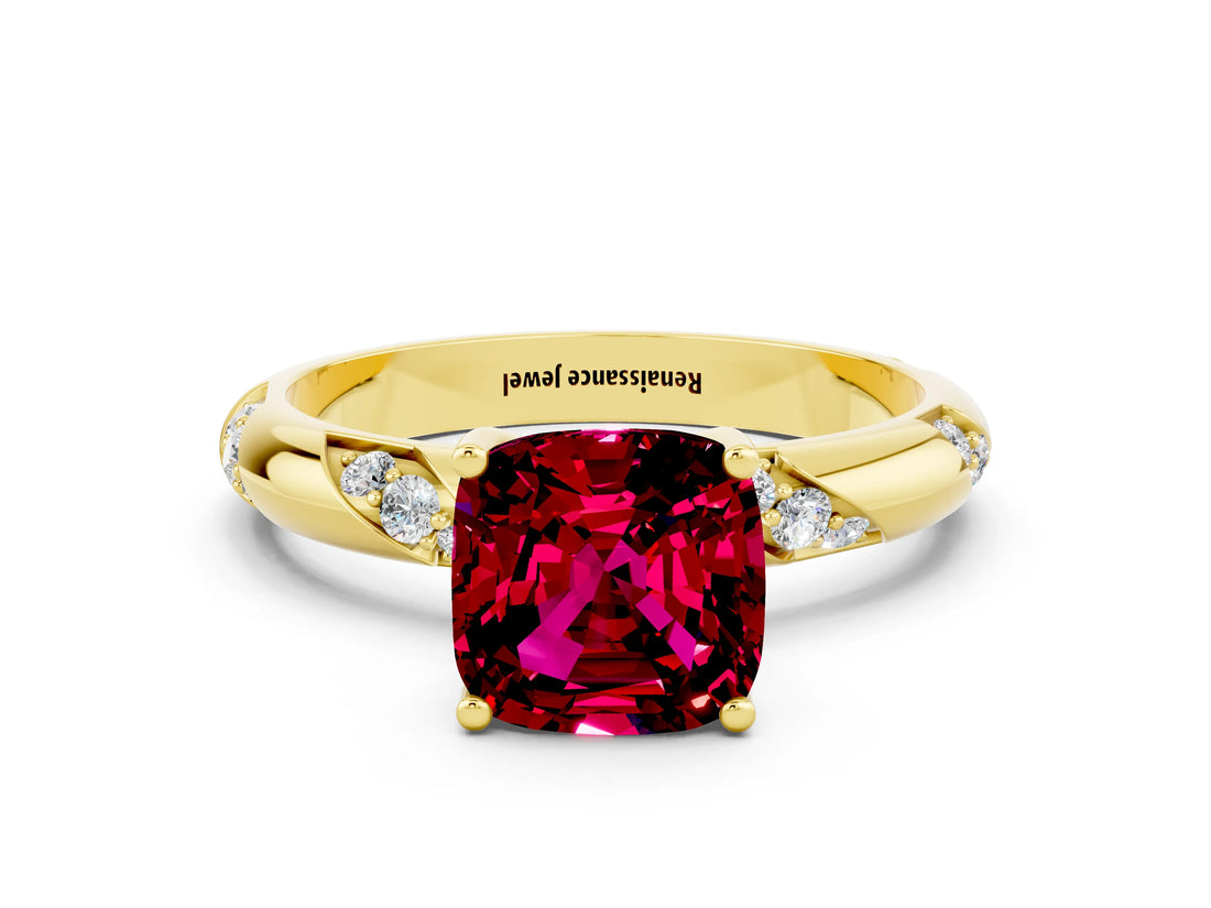 Yellow gold Cushion Cut Solitaire Diamond Engagement Ring with Twisted Pave Band and Four-Prong Setting