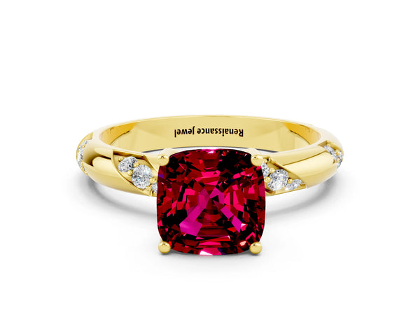 Yellow gold Cushion Cut Garnet Solitaire Engagement Ring with Twisted Round  Accent Band and Prong Setting