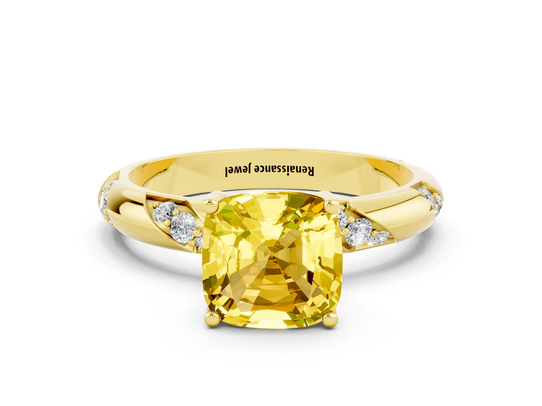Yellow gold Cushion Cut Solitaire Diamond Engagement Ring with Twisted Pave Band and Four-Prong Setting