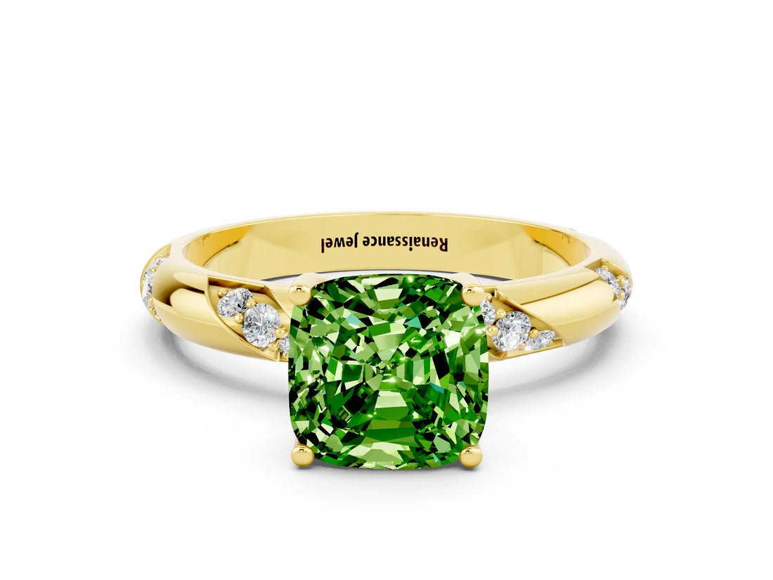 Yellow gold Cushion Cut Solitaire Diamond Engagement Ring with Twisted Pave Band and Four-Prong Setting
