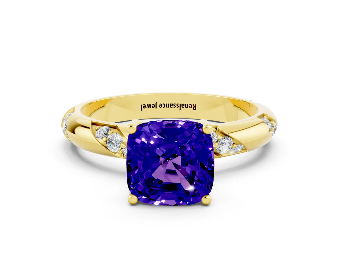 Yellow gold Cushion Cut Solitaire Diamond Engagement Ring with Twisted Pave Band and Four-Prong Setting