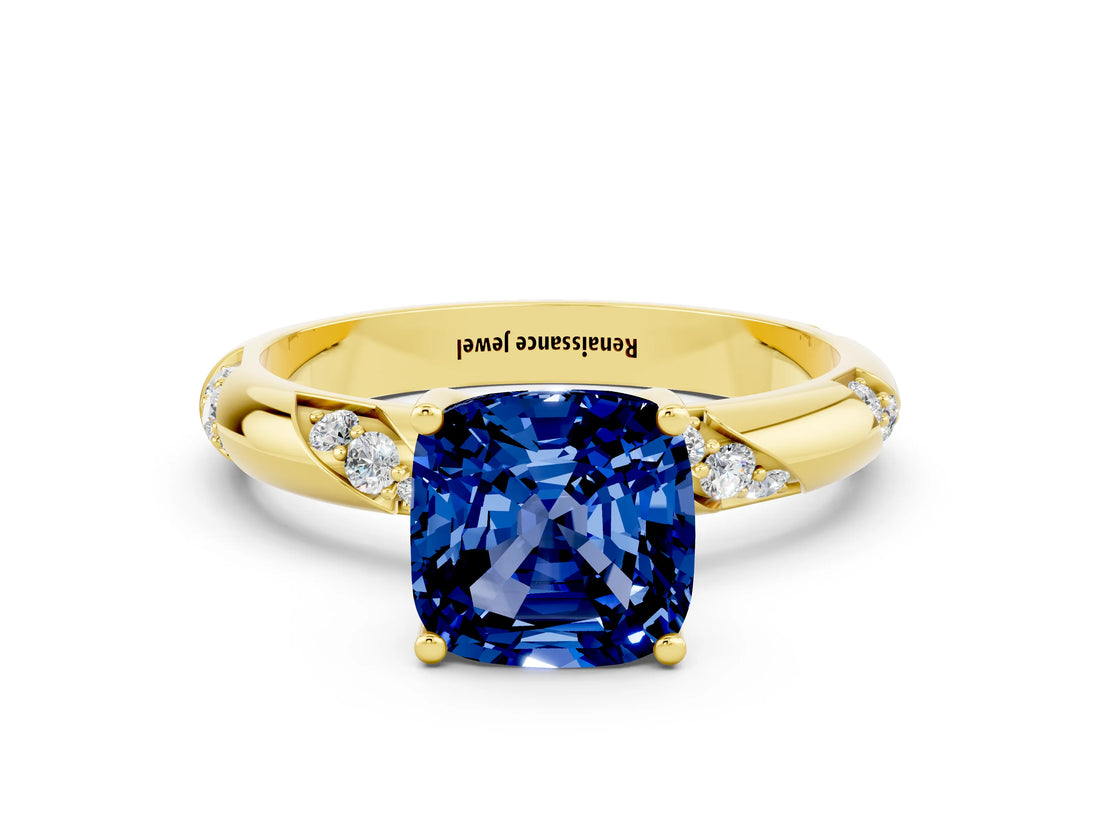 Yellow gold Cushion Cut Solitaire Diamond Engagement Ring with Twisted Pave Band and Four-Prong Setting