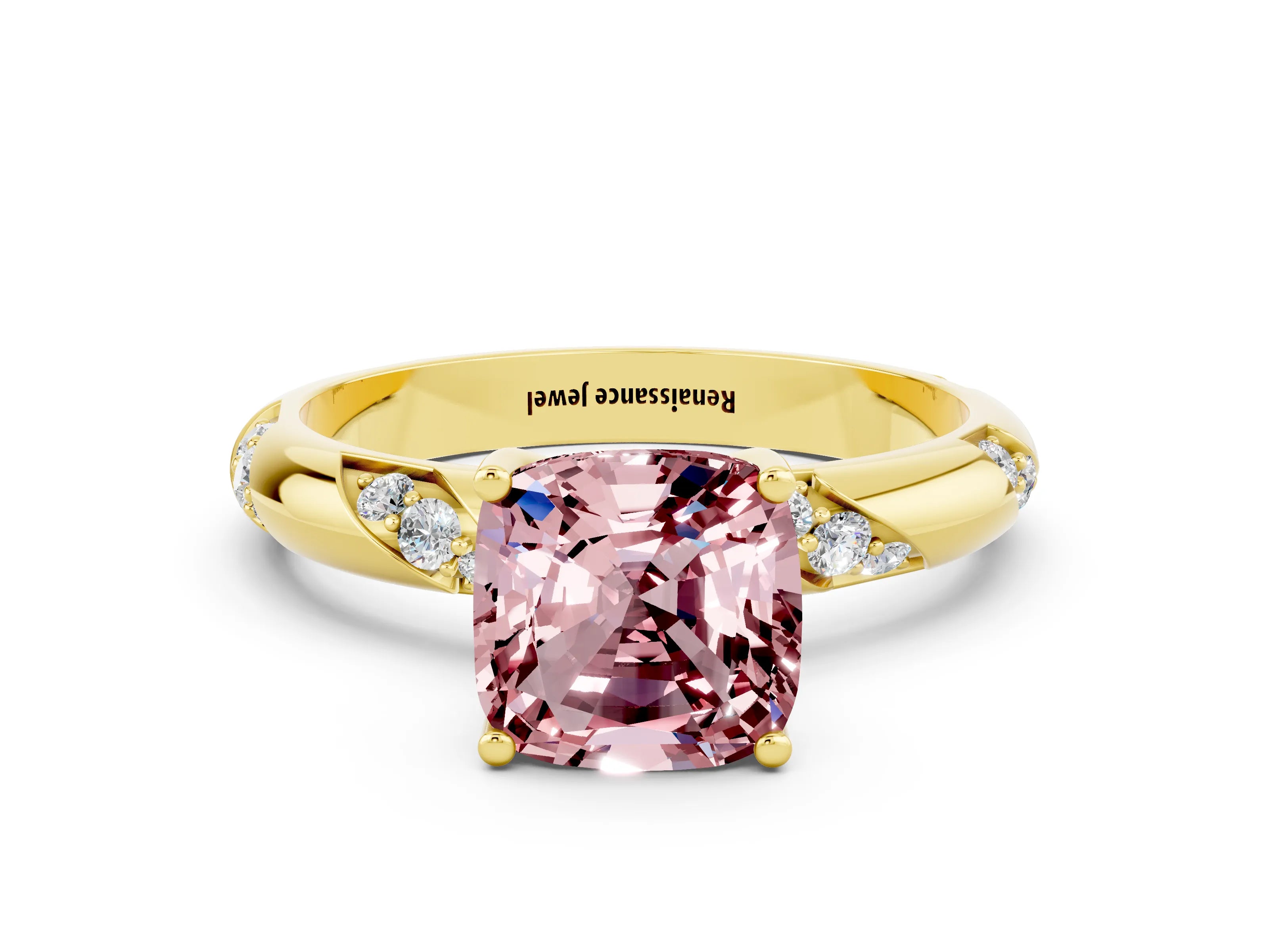 Yellow gold Cushion Cut Solitaire Diamond Engagement Ring with Twisted Pave Band and Four-Prong Setting