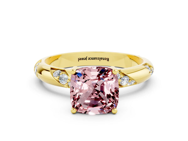 Yellow gold Cushion Cut Solitaire Diamond Engagement Ring with Twisted Pave Band and Four-Prong Setting