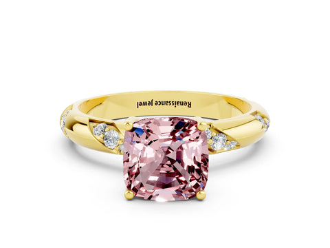 Yellow gold Cushion Cut Solitaire Diamond Engagement Ring with Twisted Pave Band and Four-Prong Setting