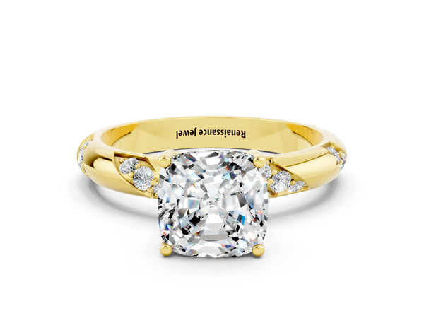 Yellow gold Cushion Cut Moissanite Solitaire Engagement Ring with Twisted Round  Accent Band and Prong Setting