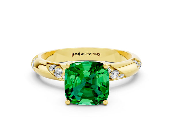 Yellow gold Cushion Cut Emerald Solitaire Engagement Ring with Twisted Round  Accent Band and Prong Setting