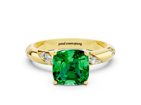 Yellow gold Cushion Cut Solitaire Diamond Engagement Ring with Twisted Pave Band and Four-Prong Setting