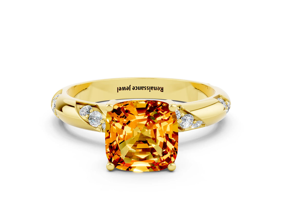 Yellow gold Cushion Cut Solitaire Diamond Engagement Ring with Twisted Pave Band and Four-Prong Setting