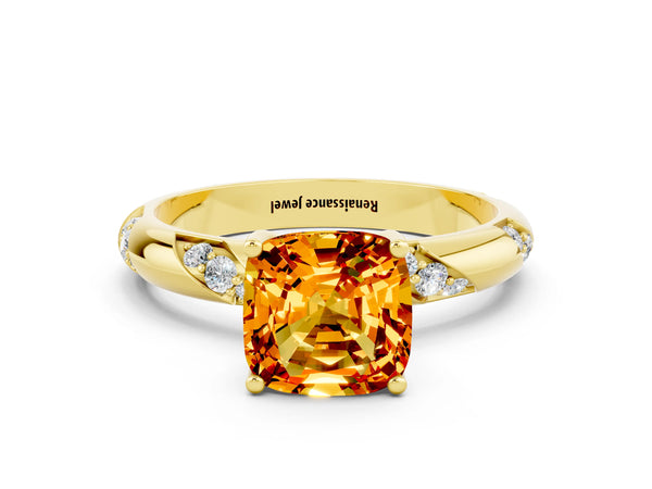 Yellow gold Cushion Cut Citrine Solitaire Engagement Ring with Twisted Round  Accent Band and Prong Setting