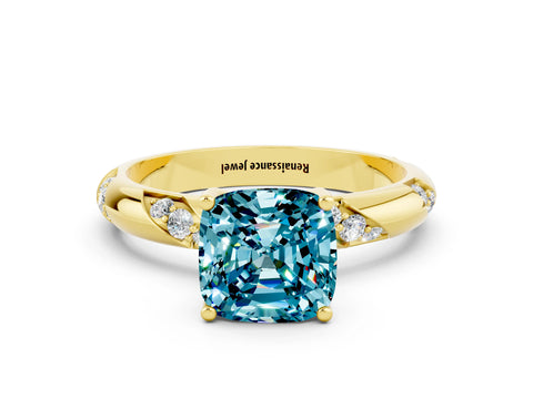 Yellow gold Cushion Cut Solitaire Diamond Engagement Ring with Twisted Pave Band and Four-Prong Setting