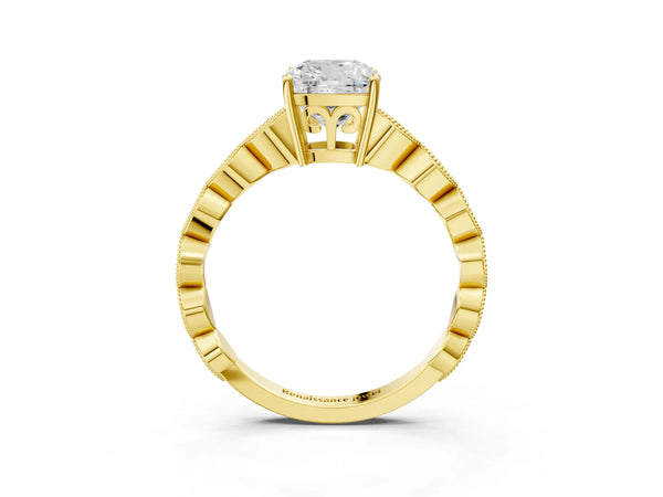 Yellow gold Cushion Cut Solitaire Diamond Ring with Infinity Twist Band and Four-Prong Setting