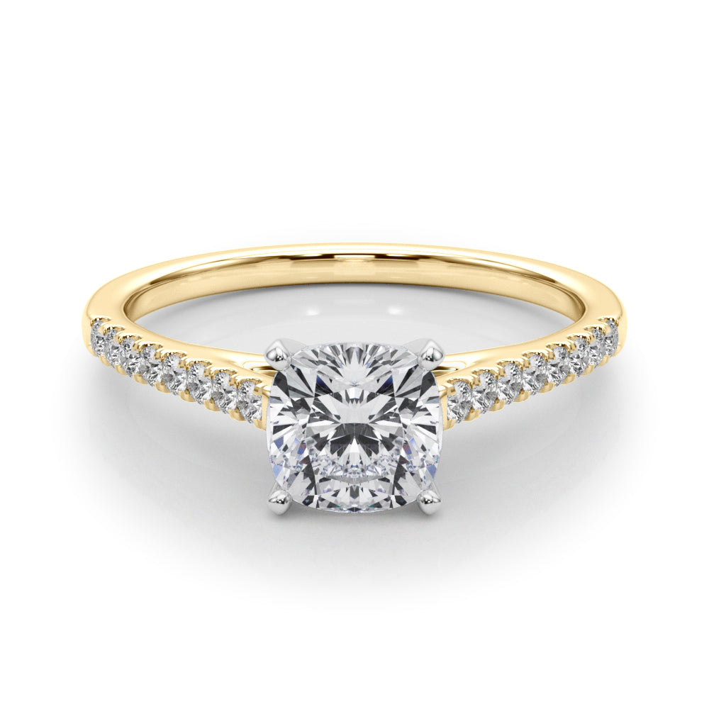 Yellow gold Cushion Cut Solitaire Diamond Ring with Pave Band and Four-Prong Setting 1