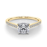 Yellow gold Cushion Cut Solitaire Diamond Ring with Pave Band and Four-Prong Setting 1