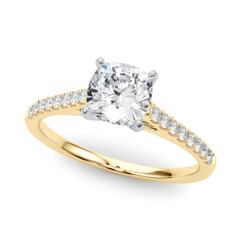 Yellow gold Cushion Cut Solitaire Diamond Ring with Pave Band and Four-Prong Setting