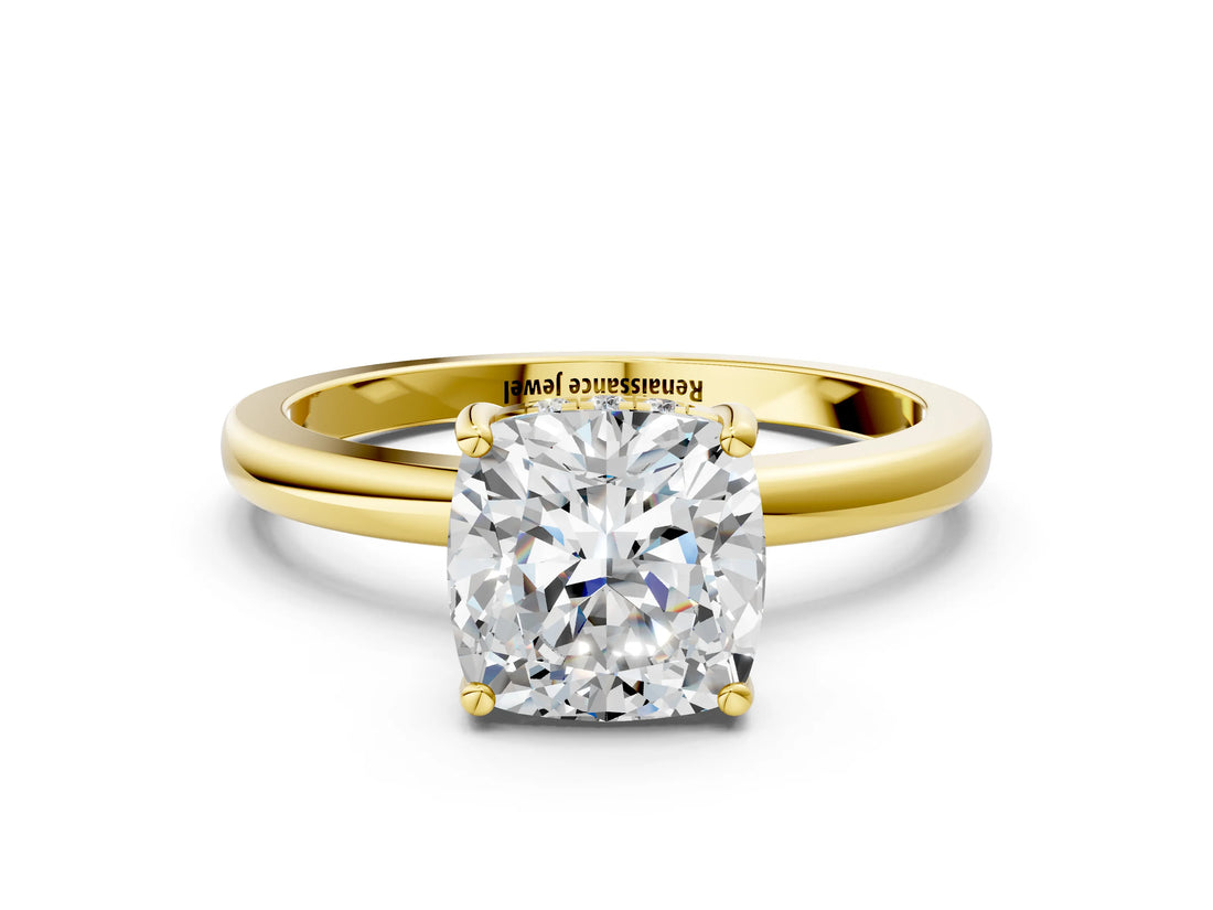 Yellow gold Cushion Cut Solitaire Diamond Ring with Prong Setting and Plain Band_7