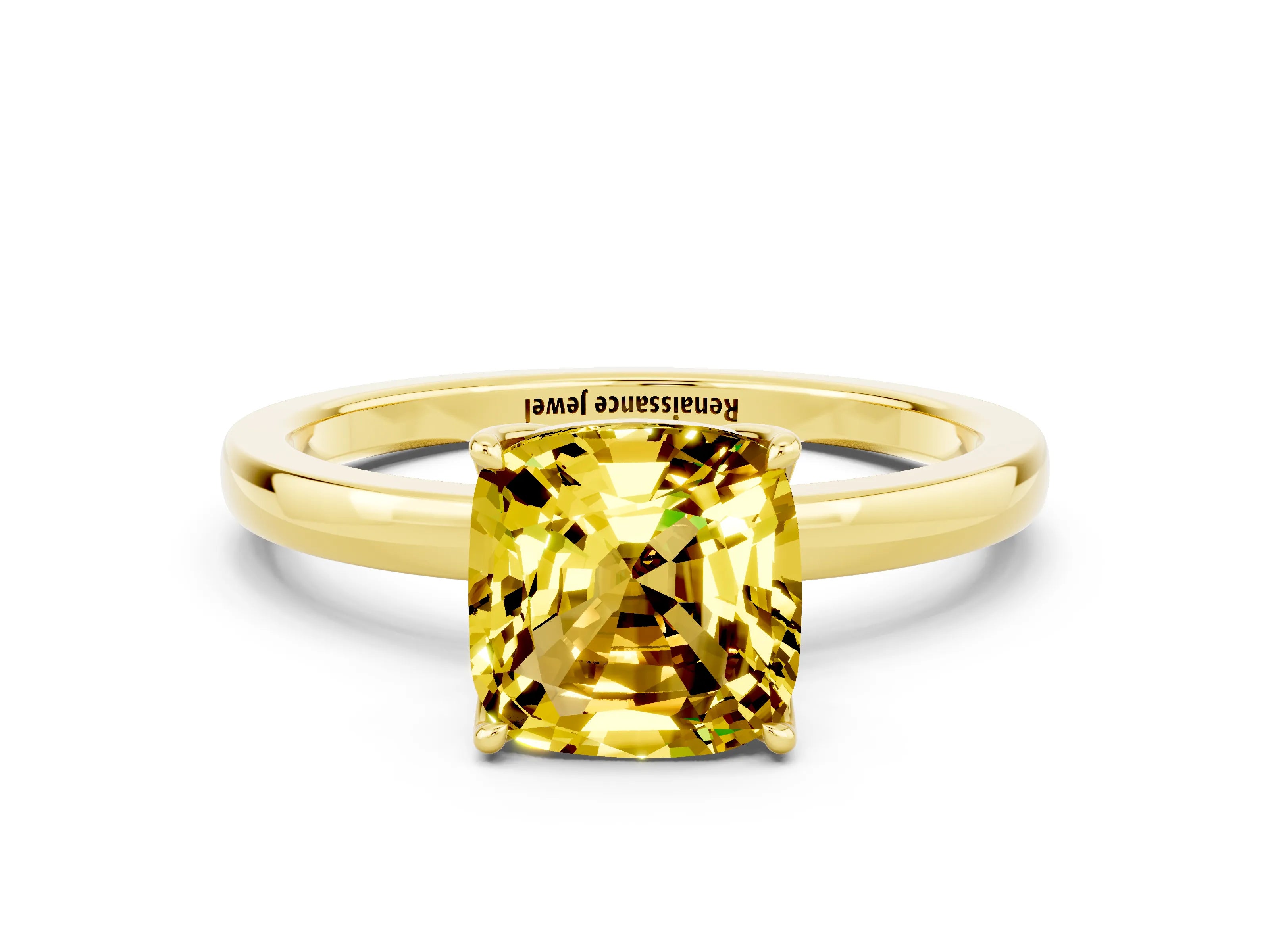 Yellow gold Cushion Cut Solitaire Diamond Ring with Thin Band and Four-Prong Setting