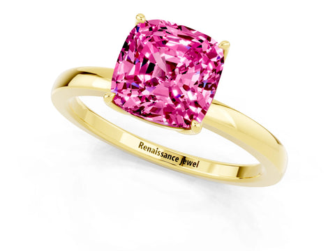 Yellow gold Cushion Cut Solitaire Diamond Ring with Thin Band and Four-Prong Setting_1