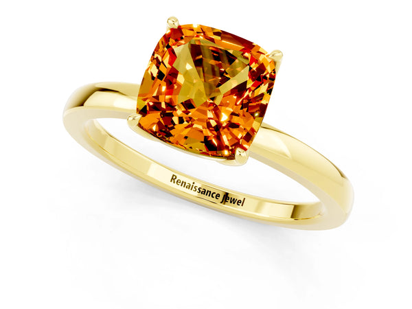 Yellow gold Cushion Cut Citrine Solitaire Ring with Thin Band and Prong Setting