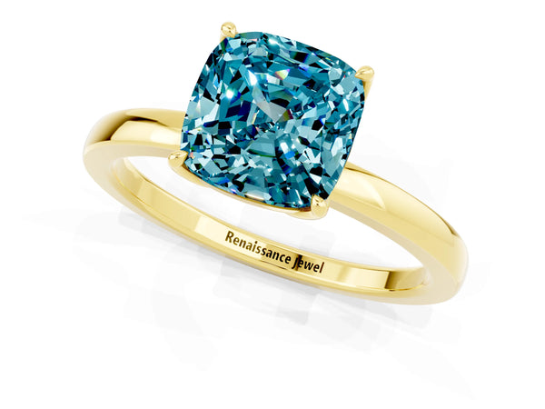Yellow gold Cushion Cut Solitaire Diamond Ring with Thin Band and Four-Prong Setting