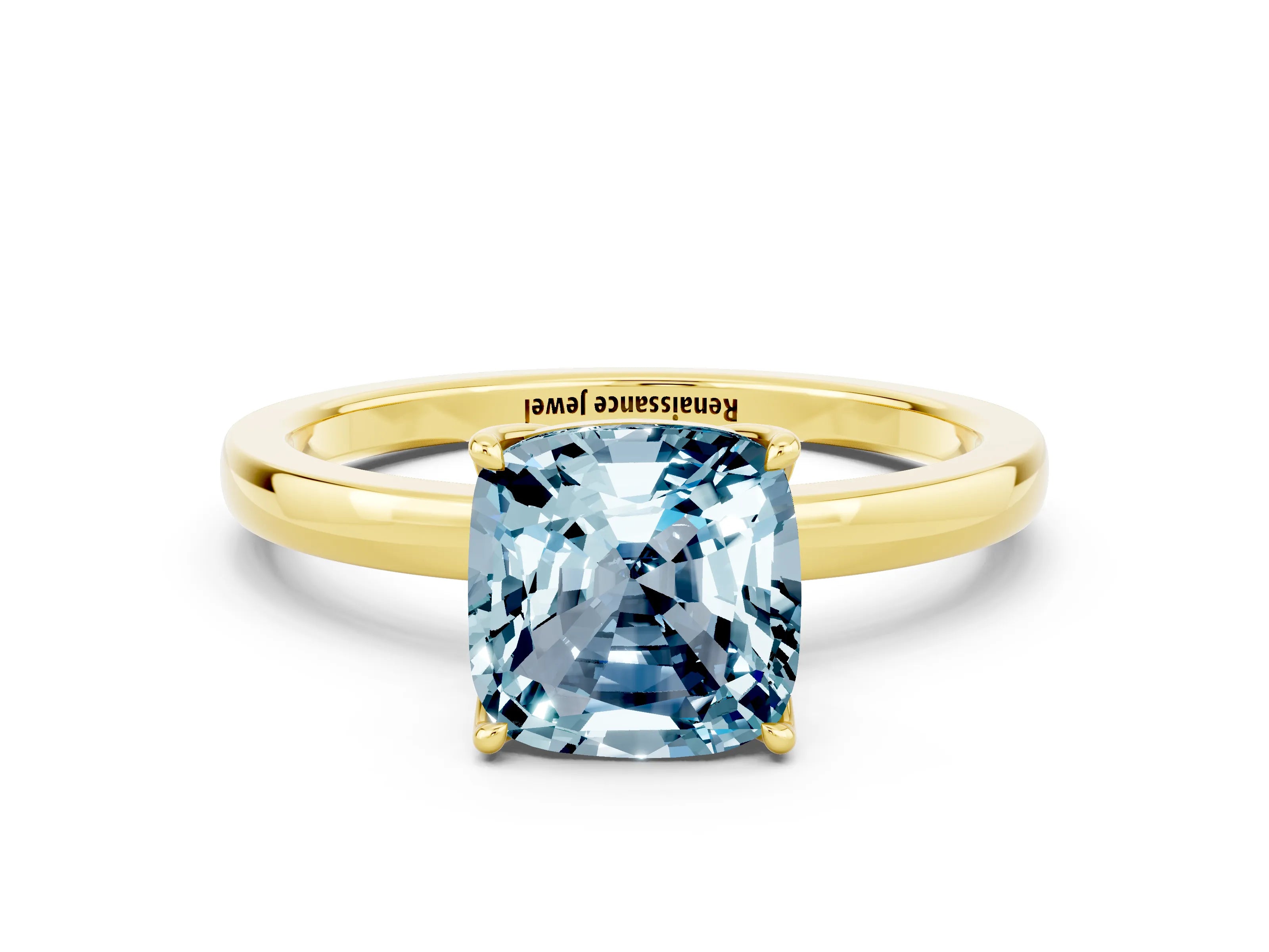 Yellow gold Cushion Cut Solitaire Diamond Ring with Thin Band and Four-Prong Setting