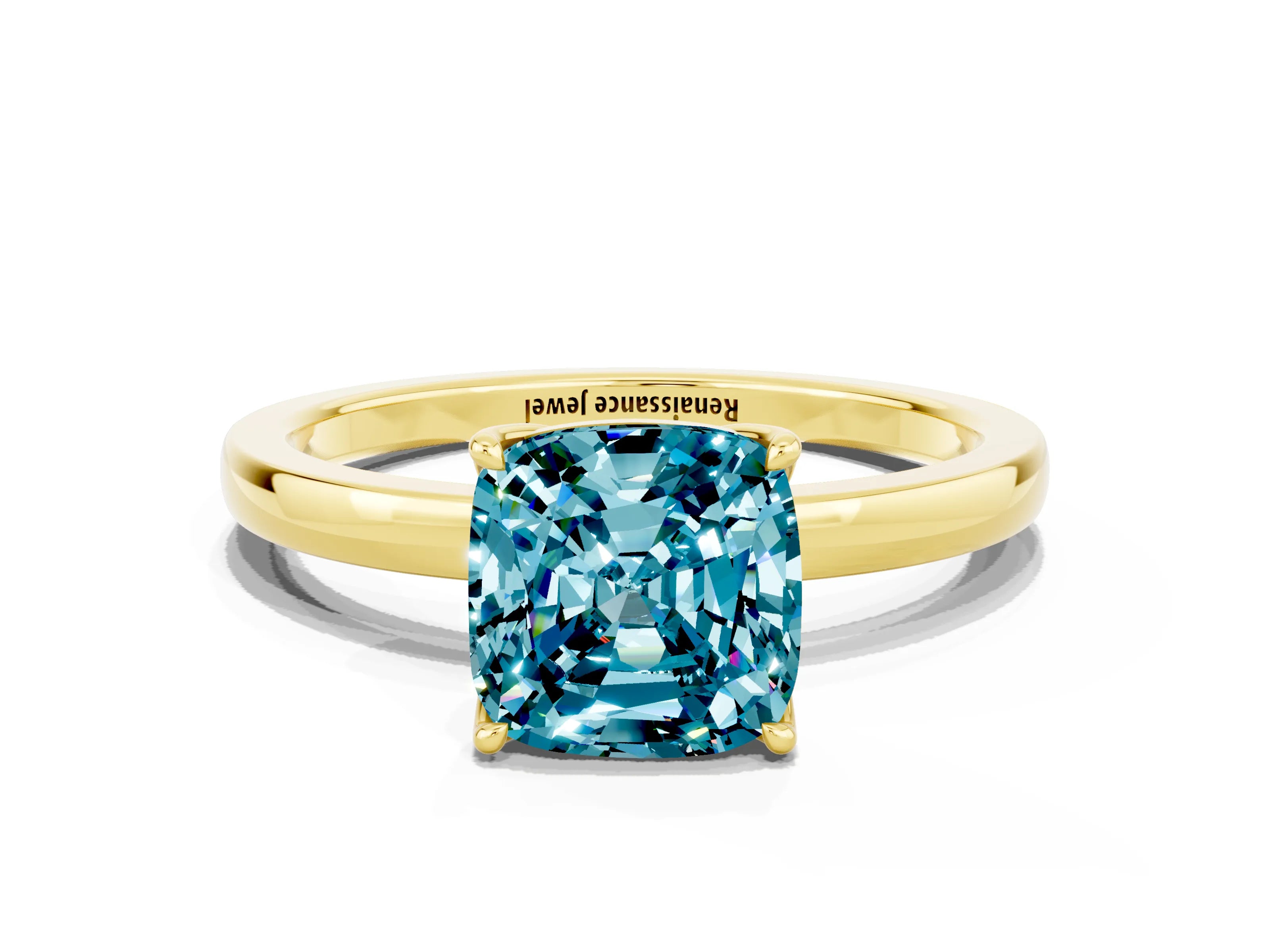 Yellow gold Cushion Cut Solitaire Diamond Ring with Thin Band and Four-Prong Setting